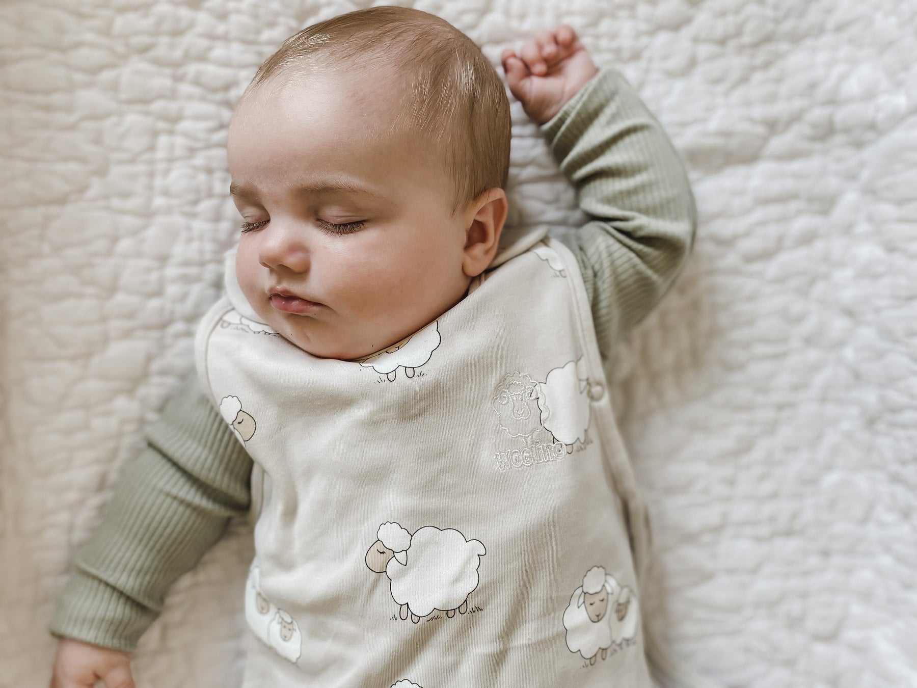 Baby sleeping in a Woolino 4 Season Ultimate Baby Sleep Bag in Sheep pattern.