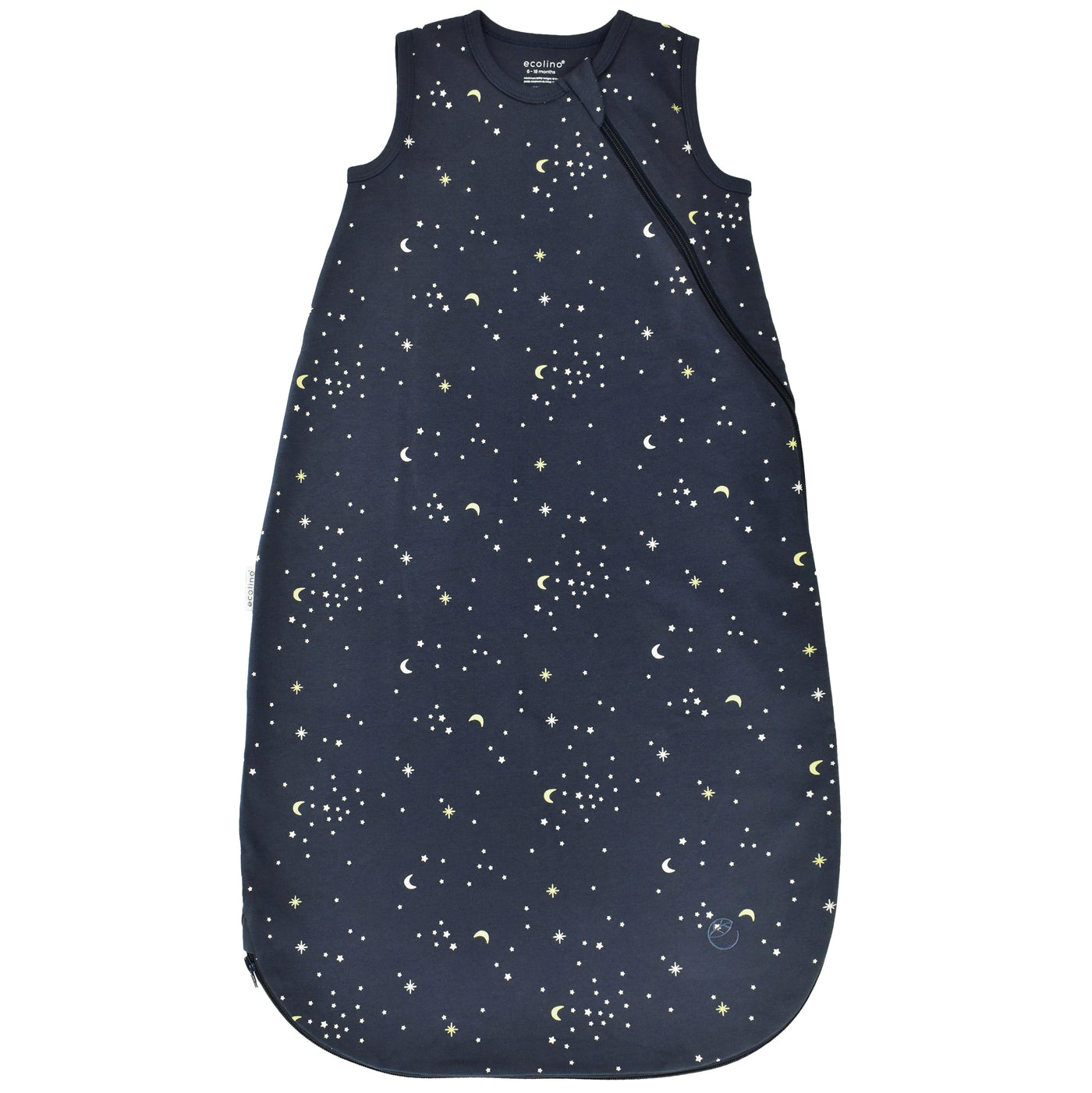 Navy blue baby sleeping bag with star and moon pattern on a white background