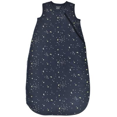 Navy blue baby sleeping bag with star and moon pattern on a white background