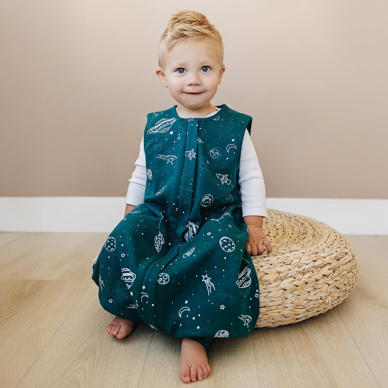 4 Season® Baby Sleep Bag with Feet, Merino Wool & Organic Cotton, Space - GLOW IN THE DARK