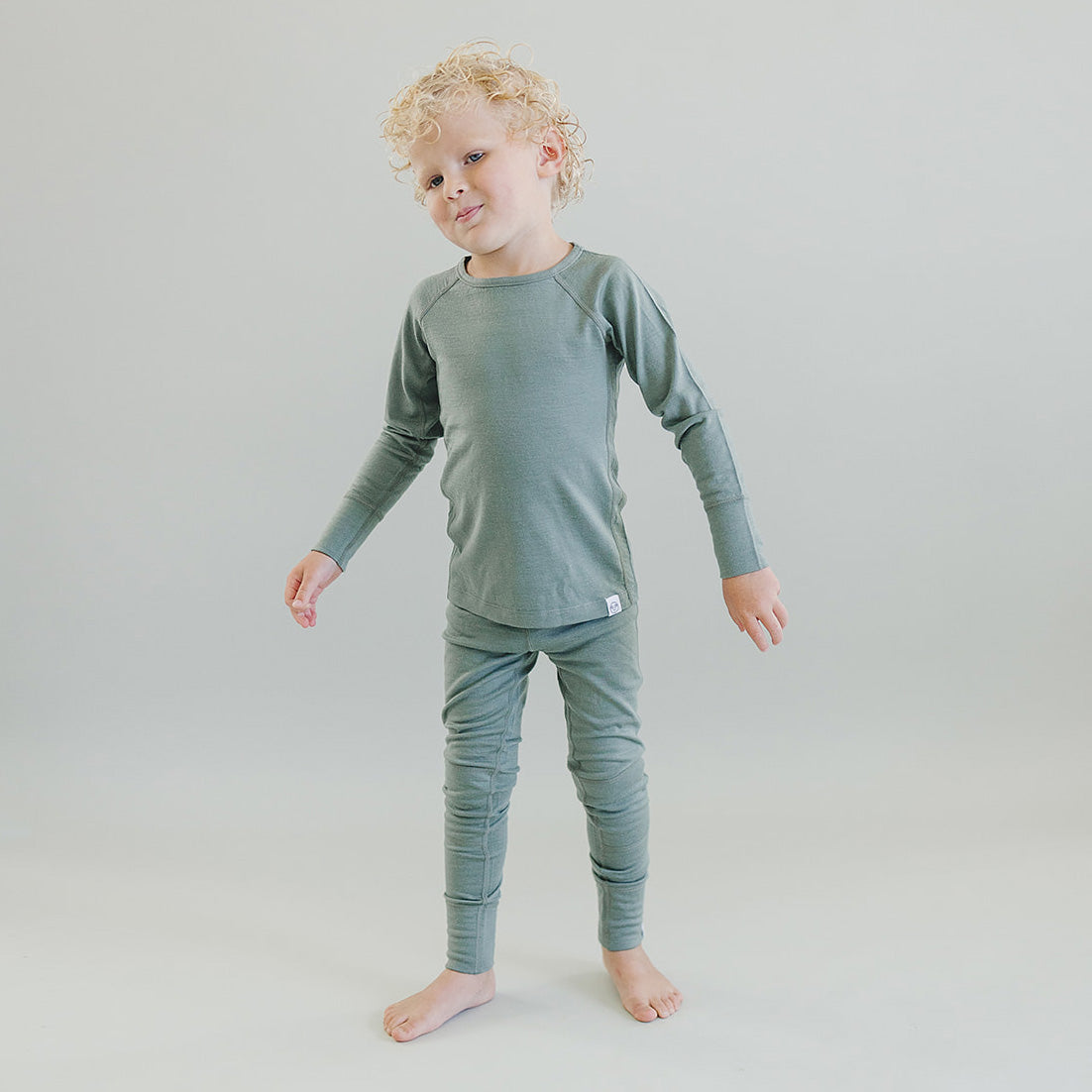 Kids Merino Wool Base Layer, Long Sleeve Top, Sage