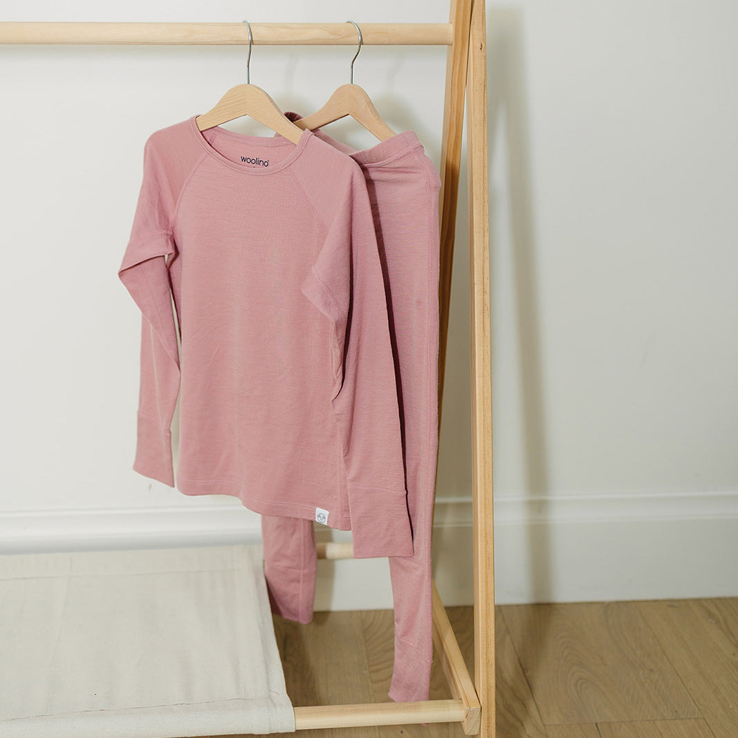 Kids Merino Wool Base Layer, Long Sleeve Top, Blush Pink