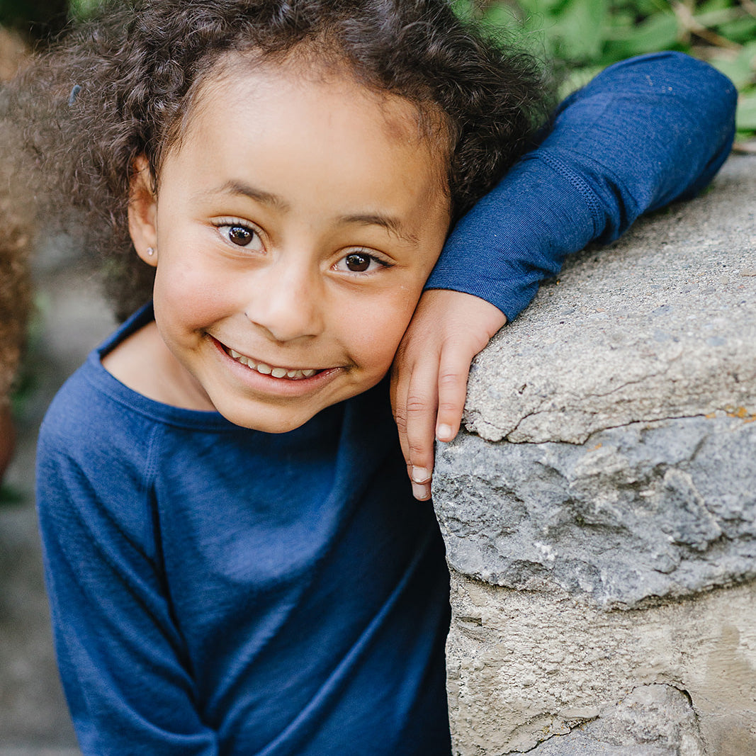 Kids Merino Wool Base Layer Long Sleeve Top Deep Blue Woolino