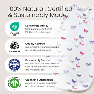 4 Season® Classic Baby Sleeping Bag, Merino Wool & Organic Cotton, Butterfly