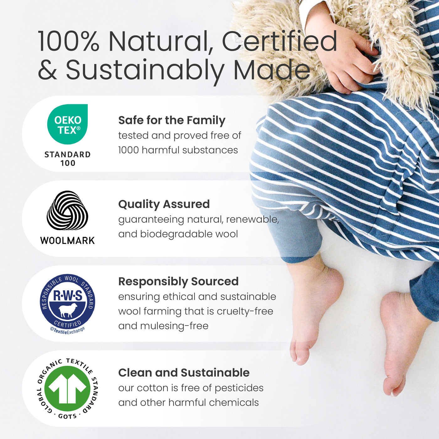 4 Season® Baby Sleep Bag with Feet, Merino Wool & Organic Cotton, Teddy Bear