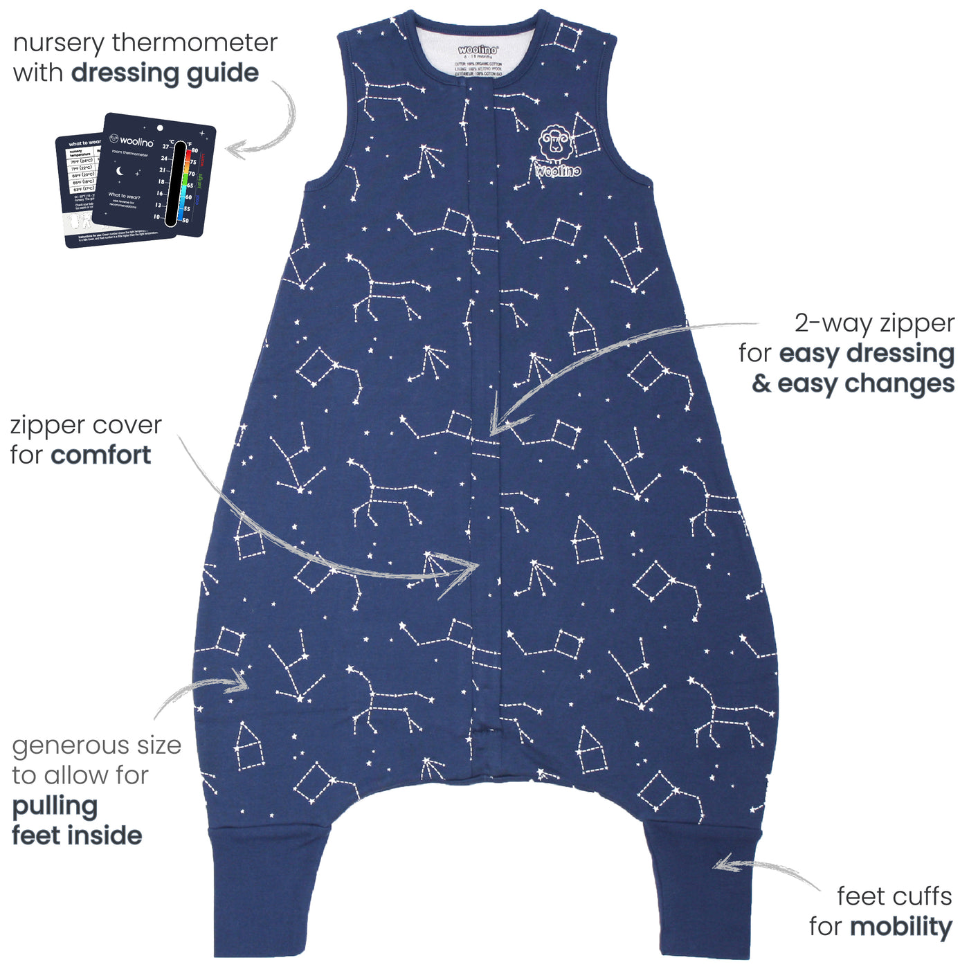 4 Season® Baby Sleep Bag with Feet, Merino Wool & Organic Cotton, Space - GLOW IN THE DARK