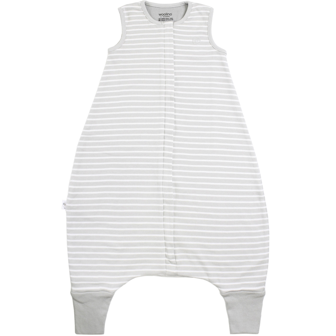 White and gray striped Woolino baby sleeping bag with legs on a white background